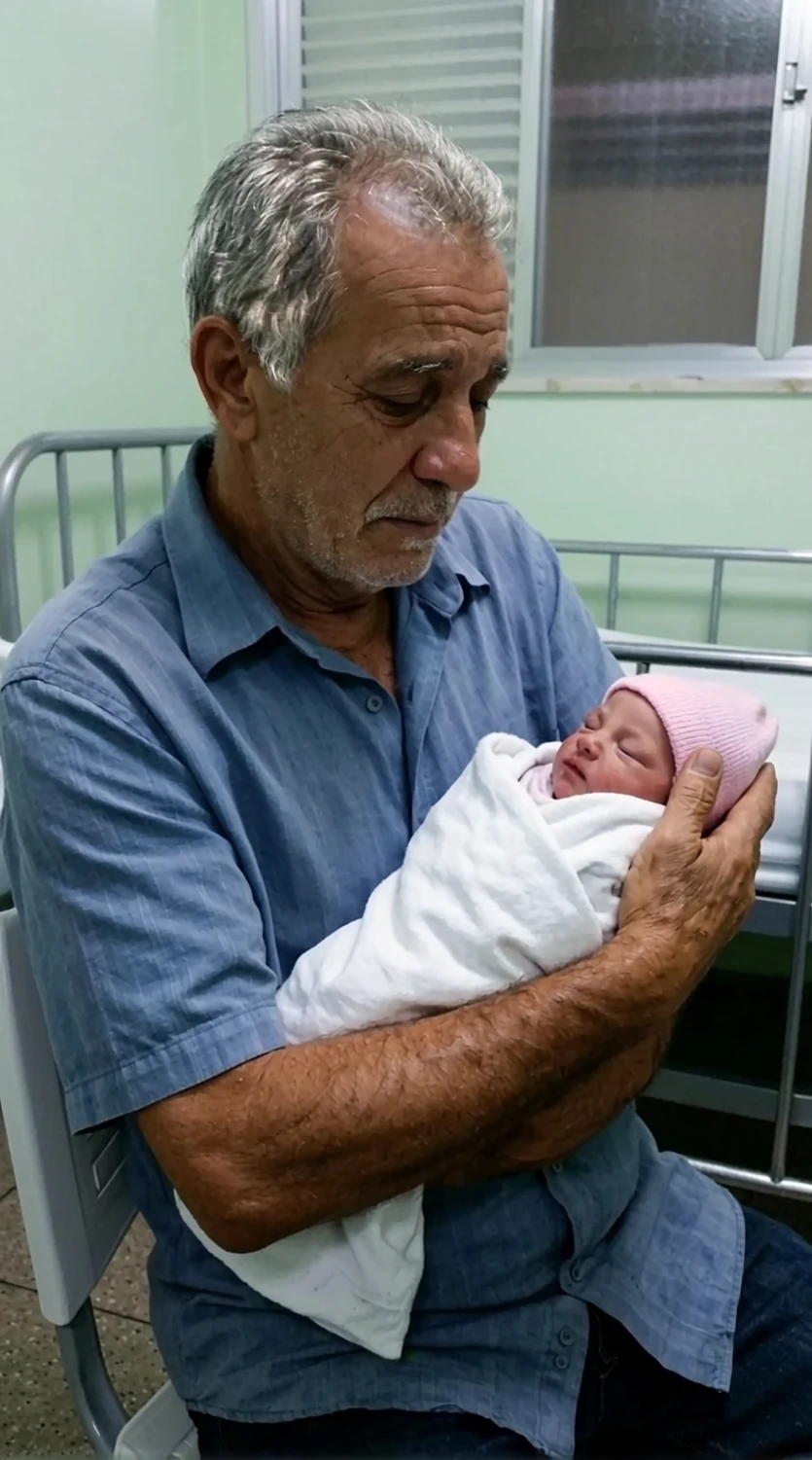 Mauro segurando a neta Sofia recém-nascida no hospital